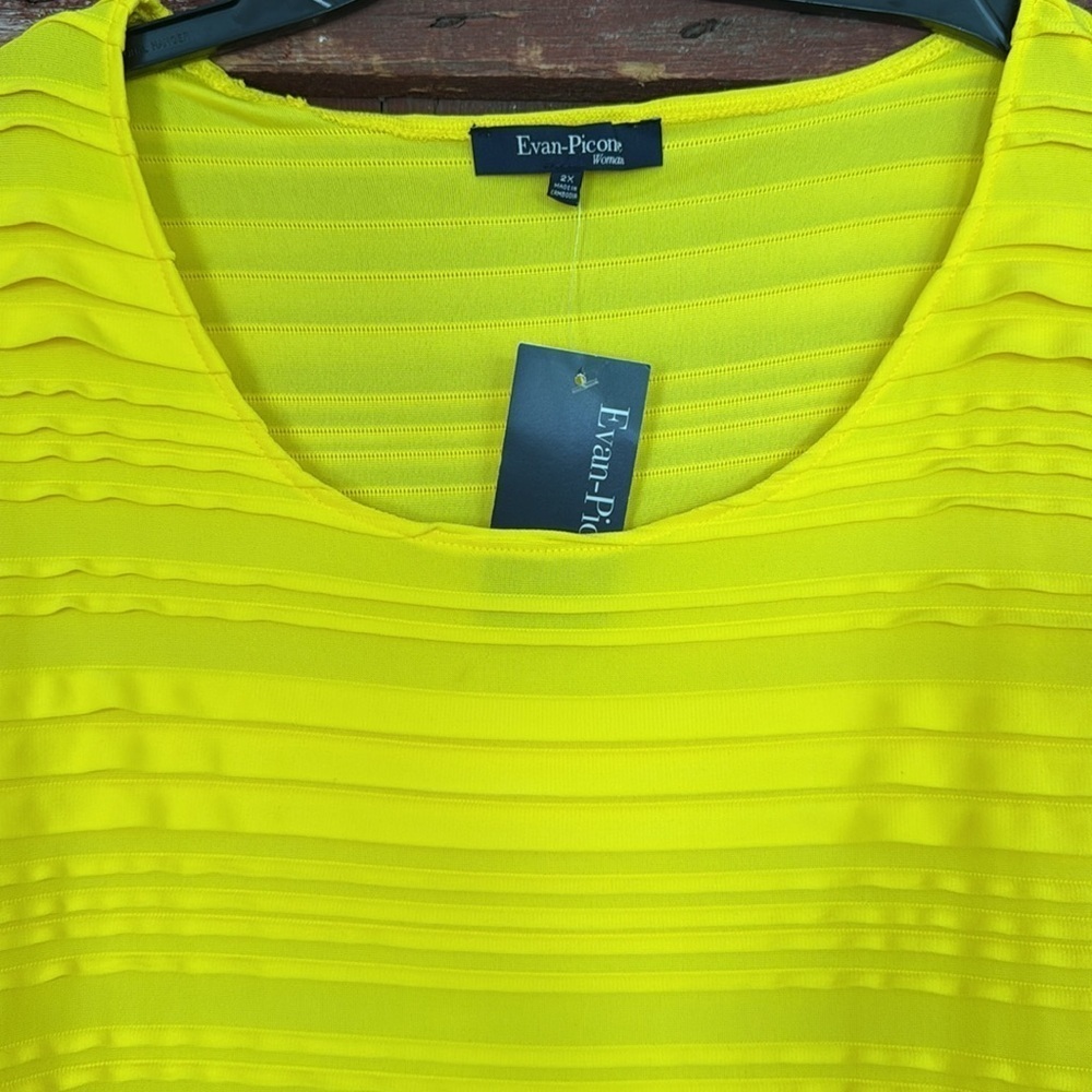 Evan-Piconne Sanibel bright yellow vertical pleats short sleeve stretch top. NWT - Picture 2 of 6